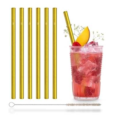 Image of Halm Golden Glass Drinking Straws 6 Pieces 20 cm Gold + Plastic Free Cleaning Brush Dishwasher Safe Sustainable for Cocktails, Smoothies, Juice