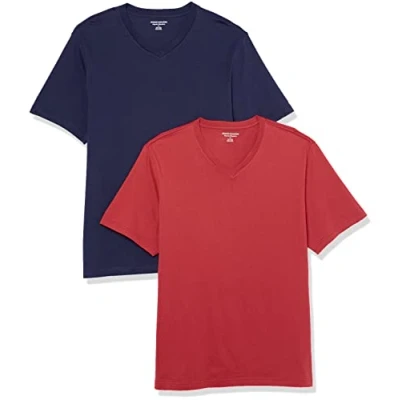 Image of Amazon Essentials Men&#039;s Regular Fit Short Sleeved V Neck T Shirt (Available in Big and Tall), Pack of 2, Navy/Dark Red, S