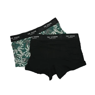 Image of Ted Baker Raffe 2 Pair Box Set of Mens Cotton Stretch Printed Trunk in Black and Green Size Large 36 38 waist Inches