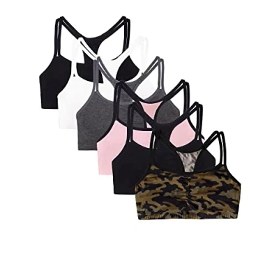 Image of Fruit of the Loom Women&#039;s Damen Spaghettiträger Baumwolle Sport bh Vorteilspack Bra, Petite Modern Camo/White/Black Shade/Blushing Rose with Black/Charcoal/Black Shade, 14