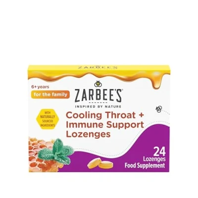 Image of Zarbee’s Cooling Throat + Immune Support Lozenges, Calm and Cool your with Real Honey Peppermint Oil Extract. Also contains Vitamin C Zinc, No Artificial Colours or Flavours, 24 Count