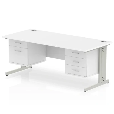 Image of Impulse 1600x800 Desk White Silver Cable Managed + 2 Pedestal Bundle