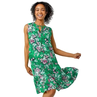 Image of Roman Petite Womens Floral Print Frill Hem Dress Green Size 18 UK