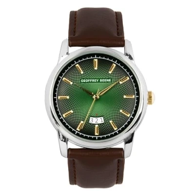 Image of Geoffrey Beene Mens Watch Elegant Leather Strap Quartz Movement Analog for Men, Gift Formal or Business Casual Minimalist Wrist Watches 42mm, Brown/Leather, Diamond