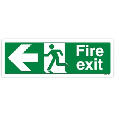 Image of V Safety Fire Exit Arrow Left Sign Landscape 300mm x 100mm 2mm Rigid Plastic, 14003AX R2