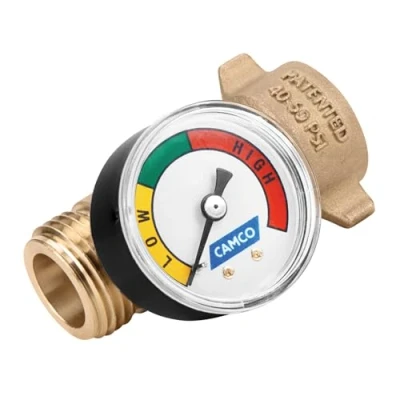 Image of Camco Brass Water Pressure Regulator with Gauge Helps Protect RV Plumbing and Hoses from High City Easy Read (40064)