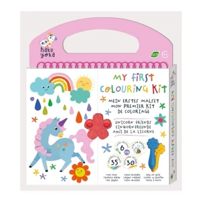 Image of Haku Yoka Unicorn Friends My First Colouring Kit, On The Go Kit with 6 Smile Beeswax Crayons, FSC Certified