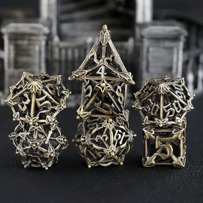 Image of Metal DND Dice Set 7 Flower Hollow Polyhedral Bronze D20 D12 D10 D% D8 D6 D4 for Dungeons &amp; Dragons RPG Board Table Games MTG