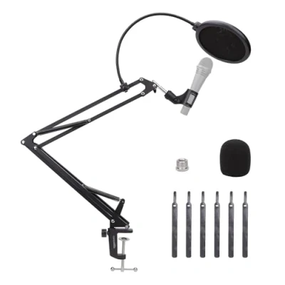 Image of Amazon Basics Adjustable Microphone Arm Stand with Pop Filter and Foam Windscreen, Table Mounting Clamp, 360 Rotation, Compatible Blue Yeti, Snowball, HyperX, 14 Inch (35.5 cm), Black