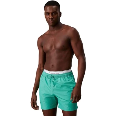 Image of Calvin Klein Men&#039;s Medium Double Waistband Mid Length Swim Shorts, Turquoise (Jade Tide), S