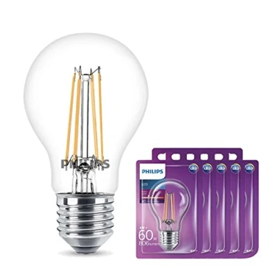 Image of 5 x Philips LED Classic E27 6 W = 60 Equivalent Warm White (2700 K) 806 Lumens Not Dimmable