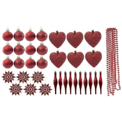 Image of Christmas Tree Decoration Baubles Snowflakes Droplet Garland Heart Set 35pc (Red)
