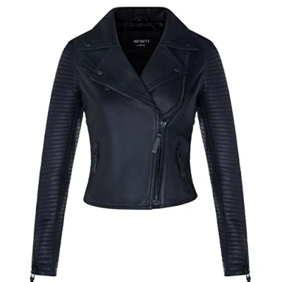 Image of Ladies Leather Biker Jacket Quilted Matt Black Real Lamb Nappa Fashion XL