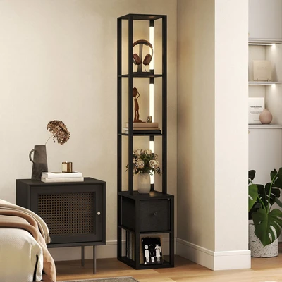 Image of Floor Lamp with Shelves, led Standing Fabric Drawer, Black Homcom