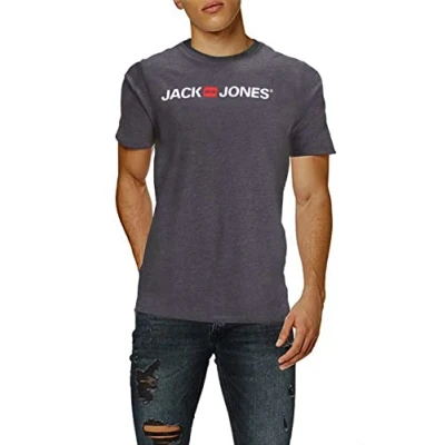 Image of JACK &amp; JONES Men&#039;s JJECORP Logo TEE SS Crew Neck, Dark Grey Melange/White REG, 3XL