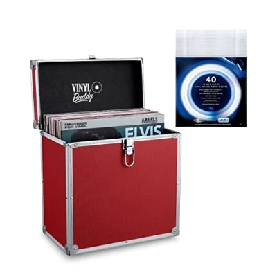 Image of Vinyl BUDDY 12&quot; Aluminium Record Storage Case,Holds up to 40 LPs (in PVC Sleeves) Includes x 12 Inch Outer Sleeves (Red)