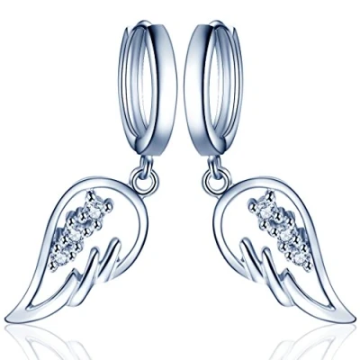 Image of Yumilok Jewelry 925 Sterling Silver Cubic Zirconia Womens Hoops Angel Wings Feather Drop Dangle Earrings, Hypoallergenic