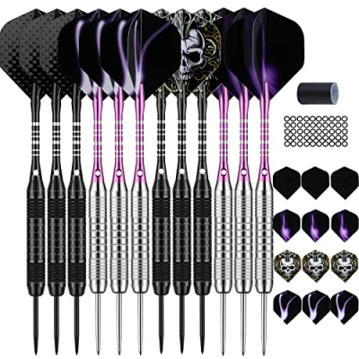 Image of DARTSPACE 12 Pack Steel Tip Darts Set 22 24 Grams, Metal with Premium Black Purple Stem Flights Extra 50 Rubber O Rings 1 Dart Sharpener Tool Kit for Board