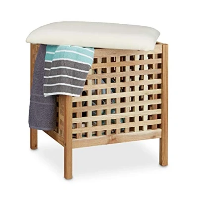 Image of Relaxdays Walnut Storage Seat with Hamper, 52 x 49 cm, Bathroom Ottoman Cushion and L Footstool Chair Room, of Sturdy Wood, Light Brown &amp; White