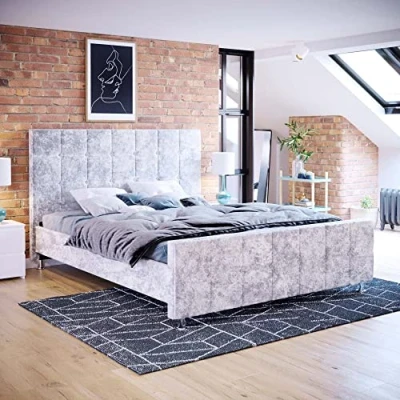 Image of Vida Designs Valentina King Size Bed, 5 ft Bed Frame Upholstered Fabric Headboard Bedroom Furniture, Crushed Velvet Silver, 118 x 157 216 cm