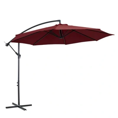 Image of Outsunny 3(m) Garden Banana Parasol Hanging Cantilever Umbrella with Crank Handle, 8 Ribs and Cross Base for Outdoor, Sun Shade, Wine Red