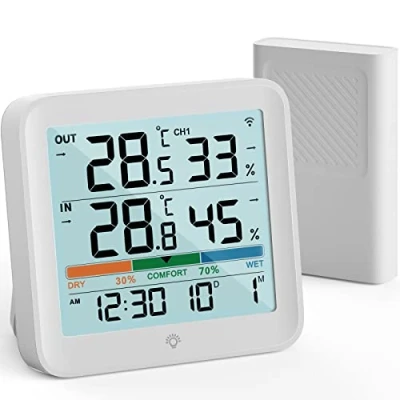 Image of VOCOO Wireless Thermometer Indoor Outdoor Hygrometer with 1 Remote Sensors,Digital Humidity Temperature Gauge Meter Monitor Backlit Clock Min/Max Value, ℉/℃ Air Indicator for Home, Greenhouse