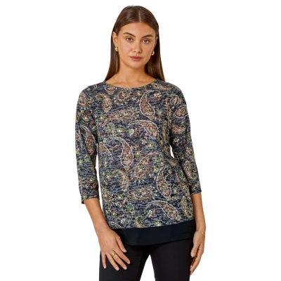 Image of Roman Originals Paisley Print Chiffon Hem Top for Women UK Ladies Everyday Autumn Winter Round Neckline Comfy Soft Evening Vacation Work Party Night Out Navy Size 10