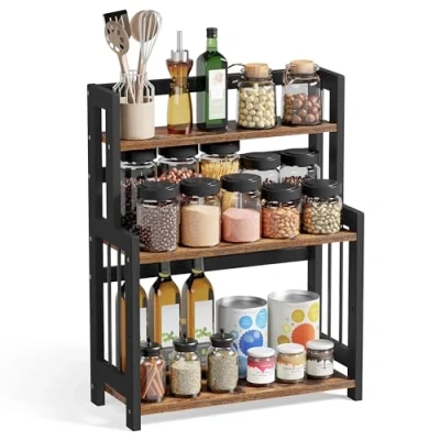 Image of SONGMICS Spice Rack, 3 Tier Storage Desktop Organizer, Bamboo Frame, for Kitchen, Dining Room, Office, Rustic Brown and Black OFS047B01
