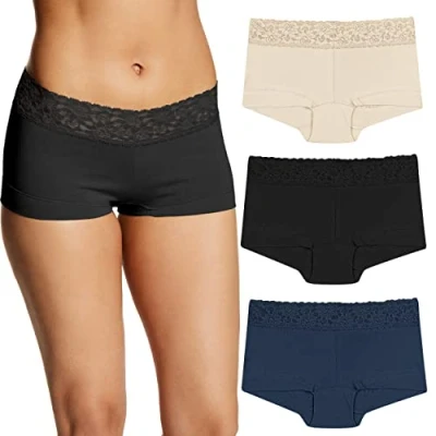 Image of Maidenform Women&#039;s Underwear, Stretch Cotton Boyshort Panties, Assorted, 3 Pack Boy Short, Latte Lift/Black/Navy, S (Pack of 3)