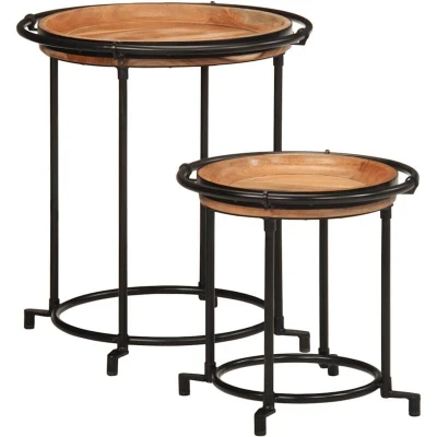 Image of vidaXL 2 piece acacia wood/iron side table set round end table/nest living room/bedroom/patio use