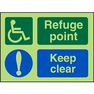 Image of Seco DDA Fire Exit Wheel Chair, Refuge Point, Exclamation Mark, Keep Clear Sign, 200mm x 150mm Photoluminescent Self Adhesive Vinyl