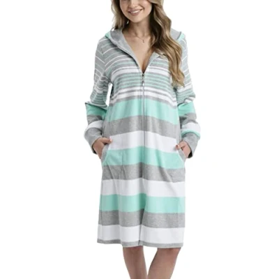 Image of Aquarti Women&#039;s Bathrobe Hooded with Zipper Striped Design, Mint green, S