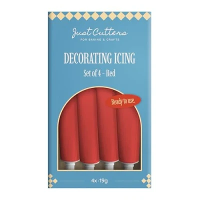 Image of JUST CUTTERS Pack of 4 x 19g Red Writing Icing Tubes Ready To Use Instant Pens for Writing, Drawing &amp; Personalising Cakes, Biscuits Baking