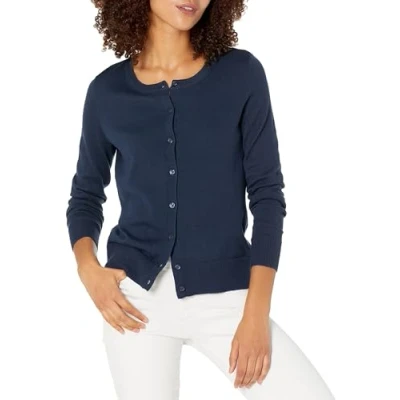 Image of Amazon Essentials Women&#039;s Lightweight Crewneck Cardigan Jumper (Available in Plus Size), Navy, XL