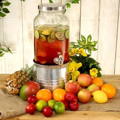 Image of bar@drinkstuff Mason Jar Drinks Dispenser with Ice Bucket Stand 176oz / 5ltr Galvanised Steel Beverage Dispenser, Juice Cocktail