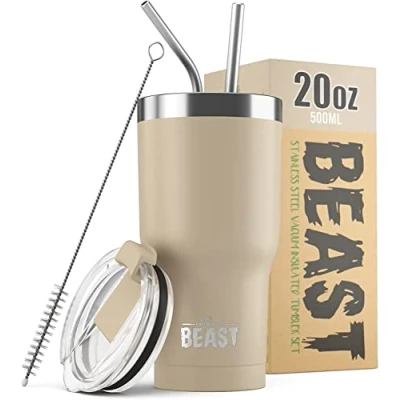 Image of Beast Tumbler 550 ml (20 oz), Beige Sand Reusable Stainless Steel, Vacuum Insulated Cup with + 2 Straws &amp; Cleaning Brush Double Wall Travel Flask Perfect for Hot or Iced Coffee BPA Free