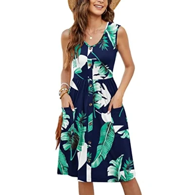 Image of MOLERANI Summer Dresses for Women UK Sleeveless Ladies Dress Casual V Neck Beach Swing Button Midi Sundress with Pockets Print Blue 12 14 M
