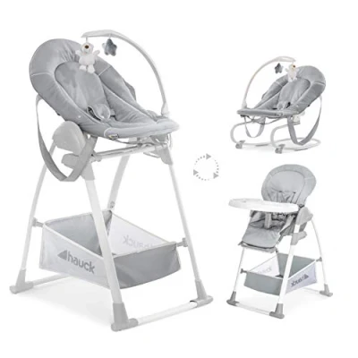 Image of hauck Sit N Relax 3in1, Stretch Grey Baby &amp; Toddler Highchair with Bouncer Toy Bar, Food Tray Basket from Birth up to 15 kg, Lightweight Foldable Fully Adjustable