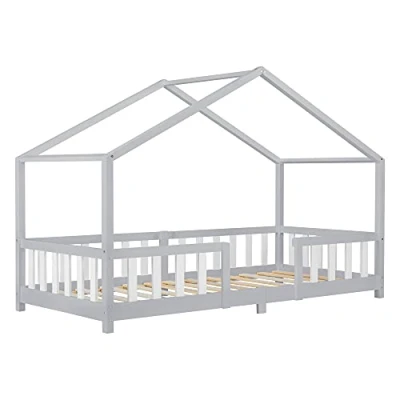 Image of [en.casa] Children&#039;s bed Treviolo house 90 x 200 cm wooden for children with fall out protection frame slatted pine wood light grey/white