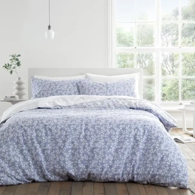 Image of Bianca Shadow Leaves 200 Thread Count Cotton Double Duvet Cover Set with Pillowcases French Blue