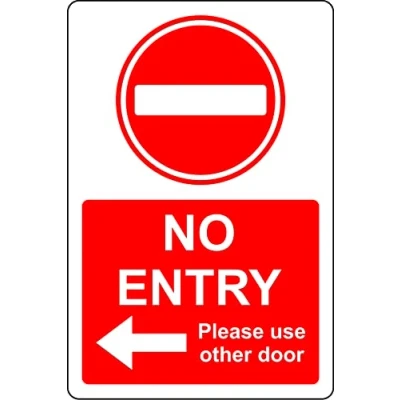 Image of Stop no entry please use other door left arrow Safety sign Self adhesive sticker 200mm x 150mm