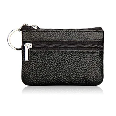 Image of Hibate Mini Coin Purse Holder Wallet Leather Purses for Women Men Kids Minimalist Zip Pouch with Key Ring Black