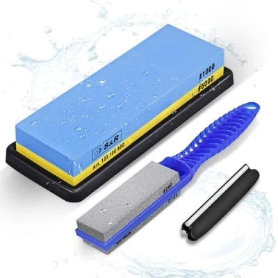 Image of S&amp;R Whetstone Sharpening Stone 4 Pcs.: 2 Sided Grinding Sharpener Grit 1000/6000, with Silicone Holder, Angle Guide and Portable 120/240, 100% Corundum