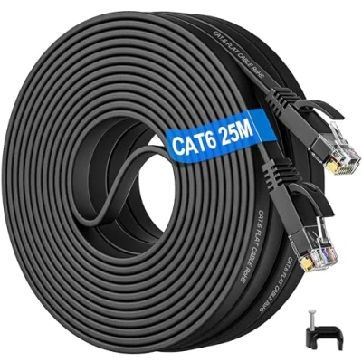 Image of Ethernet Cable 25m Cat 6, Long Internet Outdoor Flat Network High Speed RJ45 Gigabit LAN Indoor, Black Patch Cord for Switch Router Xbox Modem TV Home Office