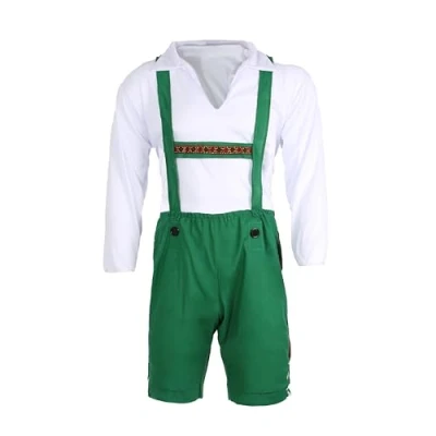 Image of Mens Bavarian Costume XL Green Lederhosen Style Trousers with traditional White shirt Oktoberfest Fancy Dress