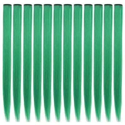 Image of LVSHANGMAO Coloured Hair Extensions 21 Inch Heat Resistant Straight Party Highlight Clip in Hairpieces Halloween Cosplay Accessories Gift for Girls Children 12 Pieces (Green)