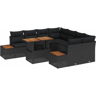 Image of vidaXL 9 Piece Garden Sofa Set with Cushions Black Poly Rattan