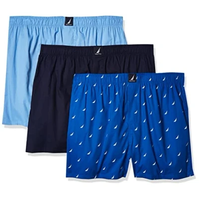 Image of Nautica Men&#039;s Cotton Woven 3 Pack Boxers Shorts, Peacoat/Dellarobbia/Sails sea Cobalt, S (Pack of 3)