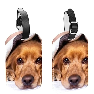 Image of Aotmany 2 Pack PU Leather Luggage Tags Cocker Spaniel Dog Puppy Name ID Labels for Travel Bag Baggage Suitcase with Back Privacy Cover