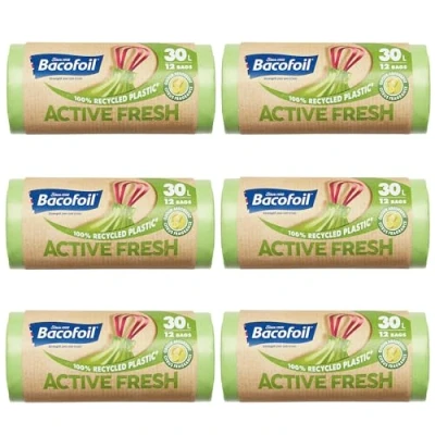 Image of Bacofoil Active Fresh Bin Liners with Drawstring Handles 30L Leak Proof Bag a Citrus Fragrance to Prevent Odours (6 Rolls, 72 Bags)